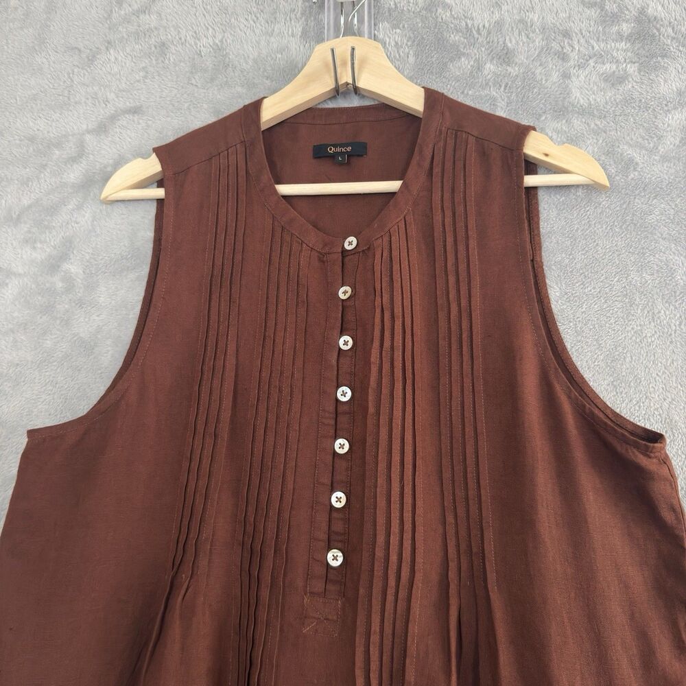 Quince European Linen Swing Dress Womens L Brown Sleeveless Pintuck - Picture 2 of 10